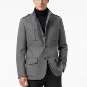 John Bartlett Grey Sports Coat Military style Tweed Herringbone Size Large Black
